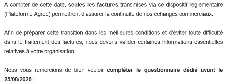 Facturation électronique mail du fournisseur qui demande l'adressage et le code routage